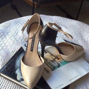 French Connection Tan/ Black Ankle Pumps